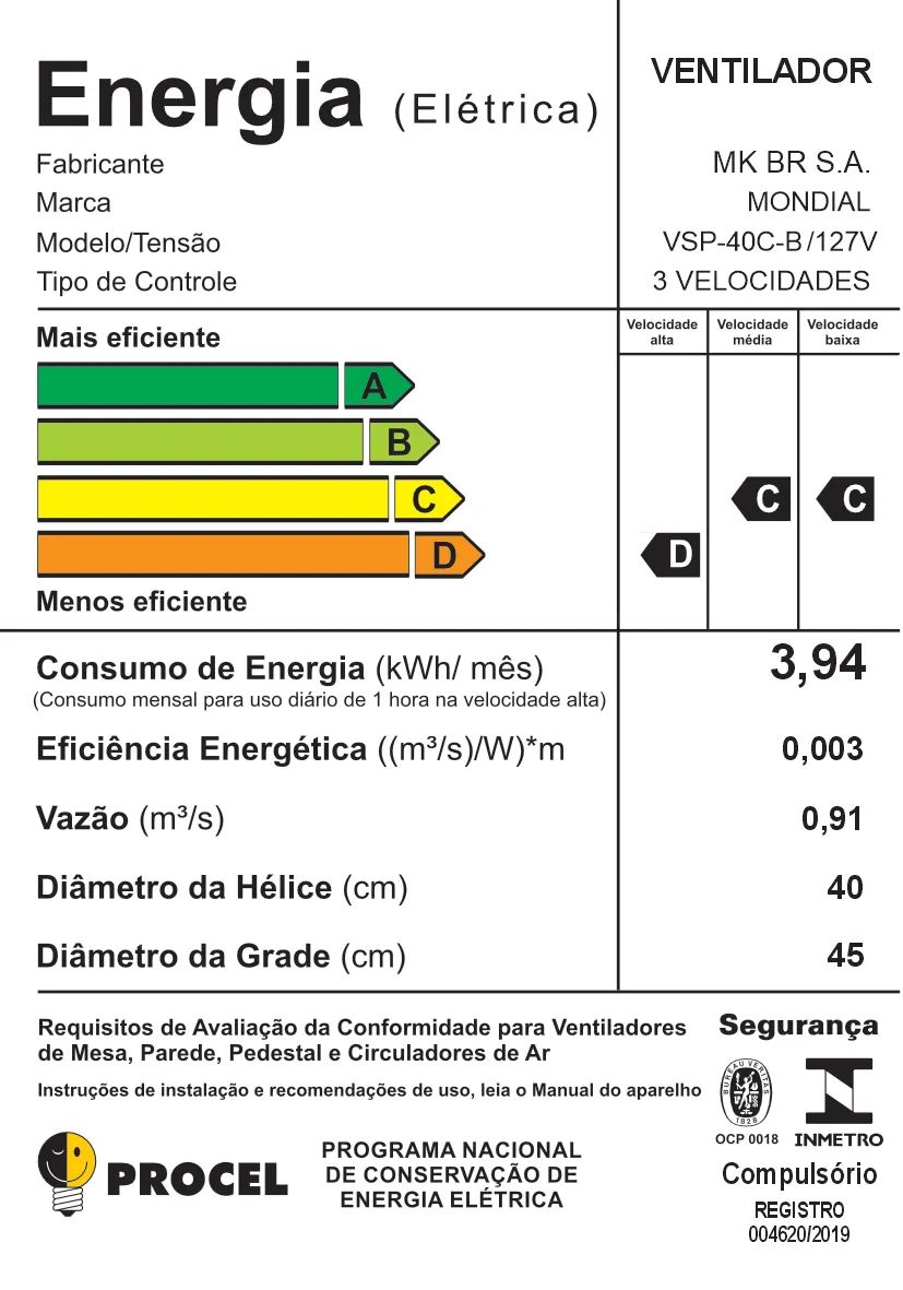 Ventilador de Coluna Mondial 6 pás